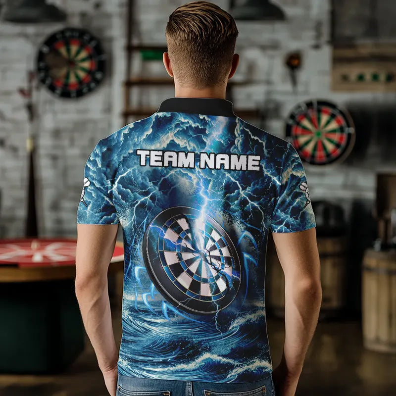 Personalized Shark Blue Lightning Darts Polo & Quarter Zip Custom Dart Shirts For Men Dart Jerseys TDM3442