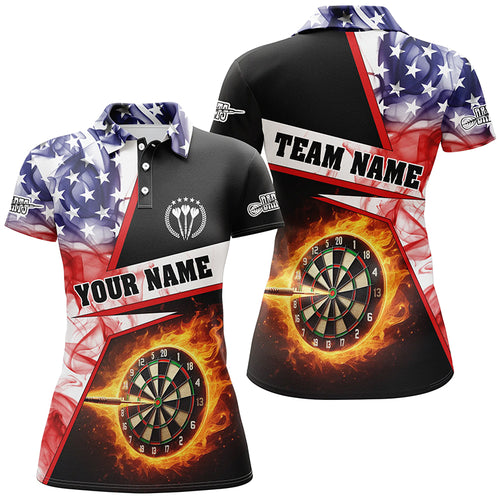 Personalized Darts Flame US Flag Smoke Women Darts Polo Shirt Custom Dart League Shirts, Dart Jerseys TDM1258