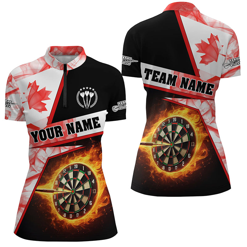 Personalized Darts Flame Canada Flag Smoke Women Quarter-Zip Shirt, Dart Jerseys League Shirts TDM1259