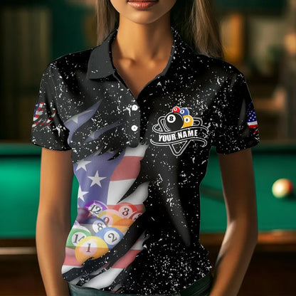 Personalized Grunge Black American Flag Billiard Shirts For Women Custom 8 Ball Pool Billiard Jersey TDM3743