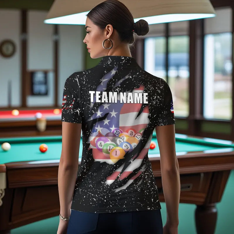 Personalized Grunge Black American Flag Billiard Shirts For Women Custom 8 Ball Pool Billiard Jersey TDM3743