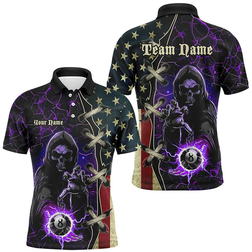 Purple Death Skeleton Lightning US Flag Billiard Shirts For Men, Patriotic Team League Pool Jerseys TDM1836