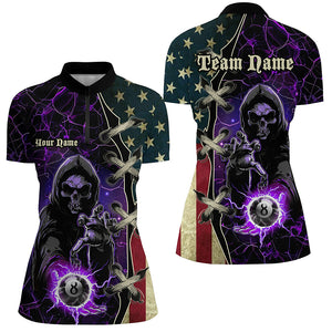 Purple Death Skeleton Lightning US Flag Billiard Shirts For Women, Patriotic Team League Pool Jerseys TDM1836