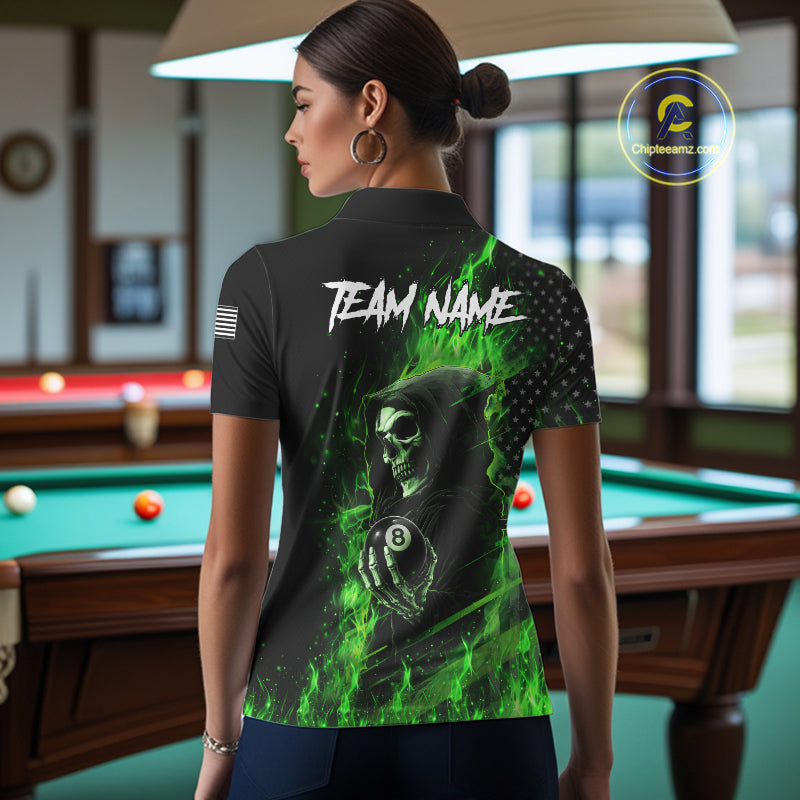 Woman Wearing Green Flaming Grim Reaper US Flag 8 Ball Custom Pool Team Jersey Featuring the Complete Rear Graphic Design, Back View