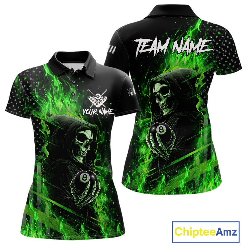 Custom Green Flaming Grim Reaper US Flag 8 Ball Pool Polo Shirt Designed for Personalized Women's Billiard Team Jerseys with Premium Athletic Style