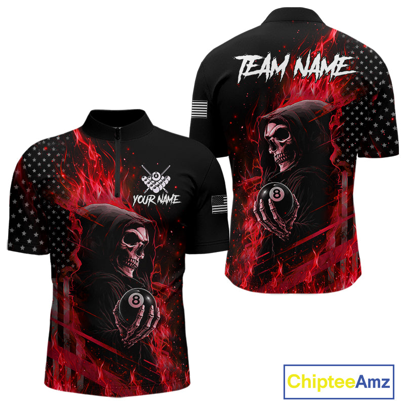 Red Flaming Grim Reaper US Flag 8 Ball Quarter Zip Billiard Shirt Designed for Custom Pool League Team Apparel and Tournament Players