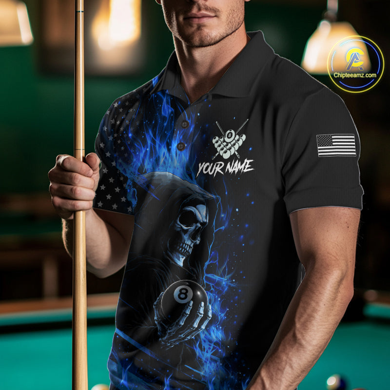 Man Wearing Blue Flaming Grim Reaper US Flag 8 Ball Personalized Billiard Polo Shirt with Athletic Fit and Patriotic Style, Front View
