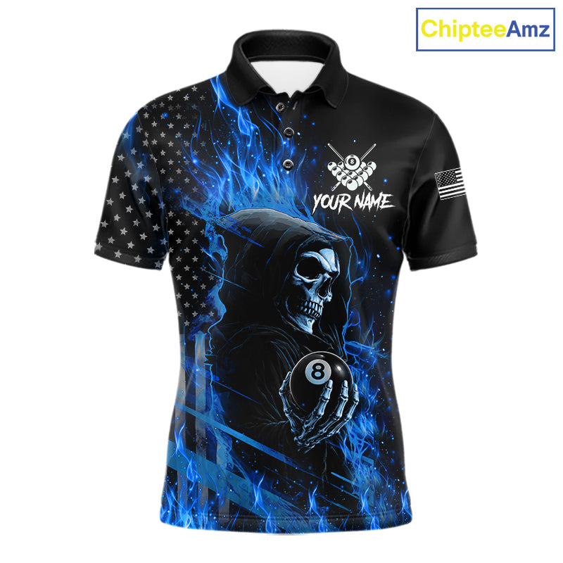 Blue Flaming Grim Reaper US Flag 8 Ball Billiard Polo Shirt Featuring a Patriotic Custom Design for Pool League Team Players and Competition