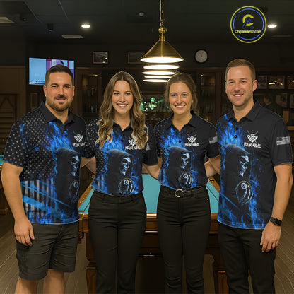 Pool Team Wearing Blue Flaming Grim Reaper US Flag 8 Ball Custom Billiard Jerseys for League Matches and Team Events, Front View