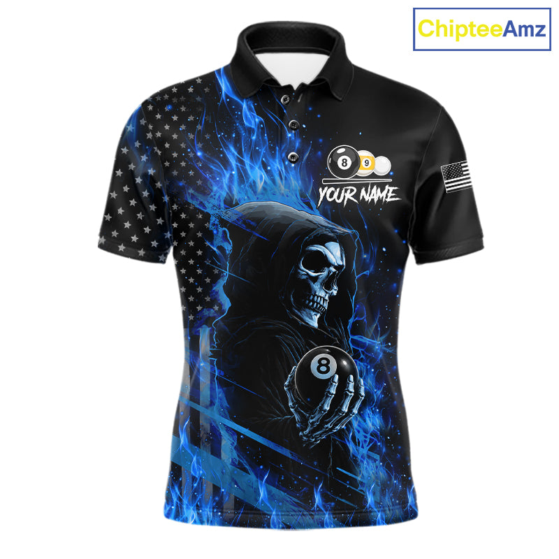 Blue Flame 8 Ball and 9 Ball Grim Reaper US Flag Billiard Polo Shirt Featuring a Patriotic Custom Design for Pool League Players and Team Competition