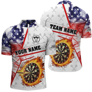 US Flag Smoke Custom Fire Flame Darts Polo & Quarter-Zip Shirts Patriotic Darts League Jerseys |White TDM2527