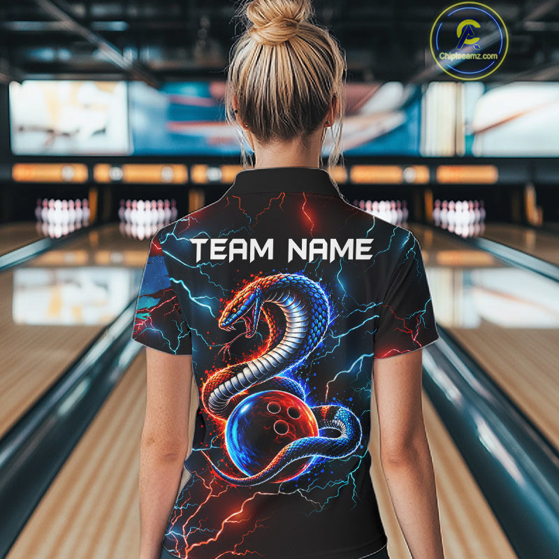 Custom Blue And Red Lightning Cobra Snake Bowling Shirts For Women Custom Bowling League Team Jersey TDM7557