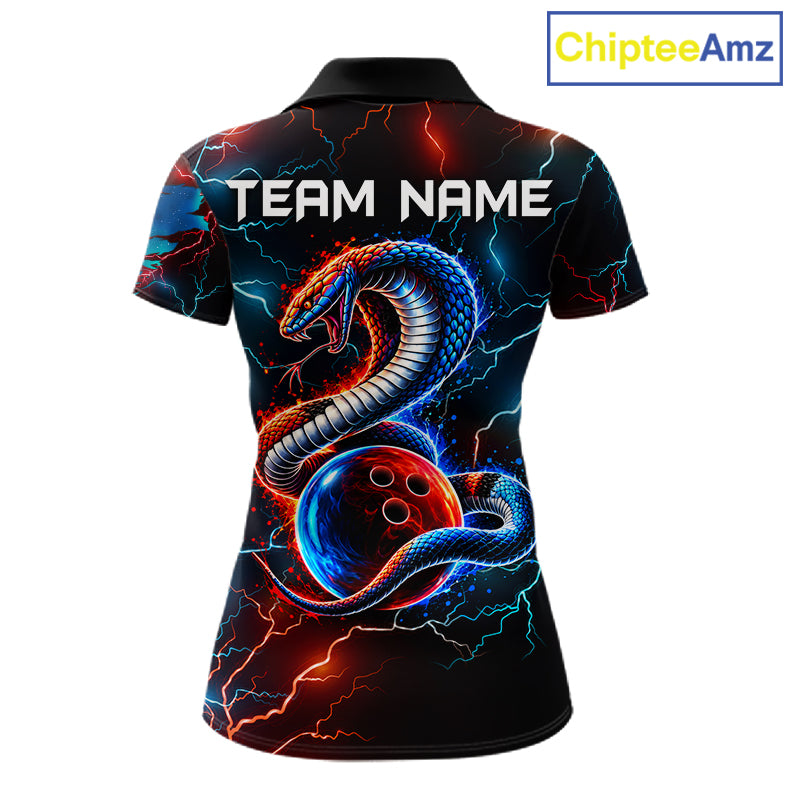 Custom Blue And Red Lightning Cobra Snake Bowling Shirts For Women Custom Bowling League Team Jersey TDM7557