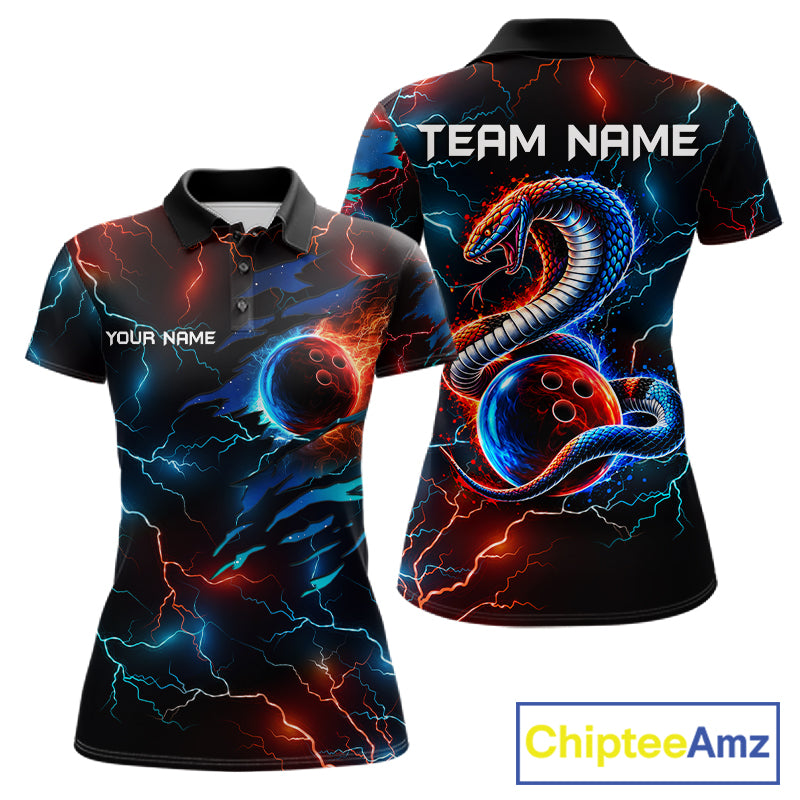 Custom Blue And Red Lightning Cobra Snake Bowling Shirts For Women Custom Bowling League Team Jersey TDM7557