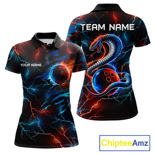 Custom Blue And Red Lightning Cobra Snake Bowling Shirts For Women Custom Bowling League Team Jersey TDM7557