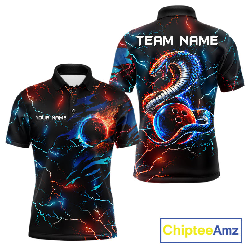 Custom Blue And Red Lightning Cobra Snake Bowling Shirts For Men Custom Bowling League Team Jersey TDM7557