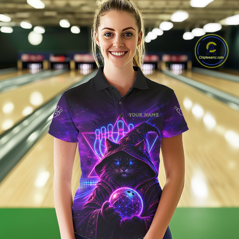 Custom Neon Funny Cat Wizard Bowling Polo & 1/4 Zip Shirts For Women, Bowling Team Jersey Uniform TDM7563