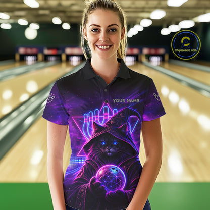 Custom Neon Funny Cat Wizard Bowling Polo & 1/4 Zip Shirts For Women, Bowling Team Jersey Uniform TDM7563