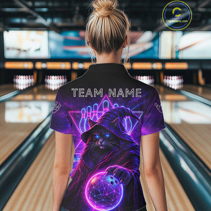 Custom Neon Funny Cat Wizard Bowling Polo & 1/4 Zip Shirts For Women, Bowling Team Jersey Uniform TDM7563