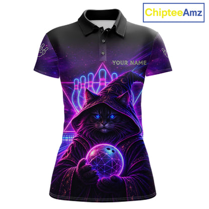 Custom Neon Funny Cat Wizard Bowling Polo & 1/4 Zip Shirts For Women, Bowling Team Jersey Uniform TDM7563