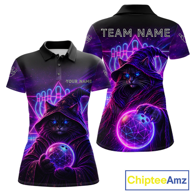 Custom Neon Funny Cat Wizard Bowling Polo & 1/4 Zip Shirts For Women, Bowling Team Jersey Uniform TDM7563