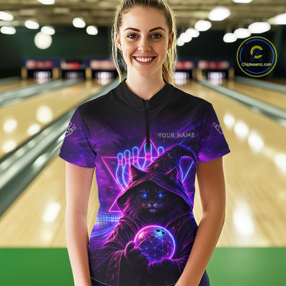 Custom Neon Funny Cat Wizard Bowling Polo & 1/4 Zip Shirts For Women, Bowling Team Jersey Uniform TDM7563