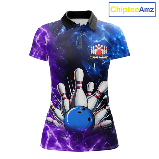 Custom Blue And Purple Flame Bowling Polo, Quarter Zip Shirts For Women, Bowling Team Jersey TDM7564