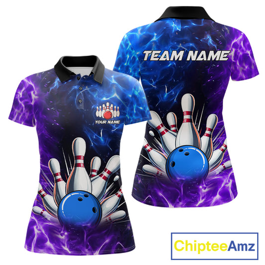 Custom Blue And Purple Flame Bowling Polo, Quarter Zip Shirts For Women, Bowling Team Jersey TDM7564