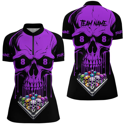 Personalized Skull Billiard Balls Funny Pool Shirts For Women, Unique Billiard Jersey Apparel |Purple TDM2777