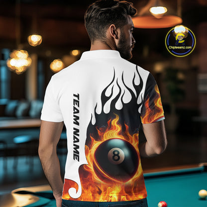 Personalized Orange 8 Ball Fire Flame Men's Billiard Shirt Custom Pool Team Jersey Polo & 1/4 Zip TDM5229