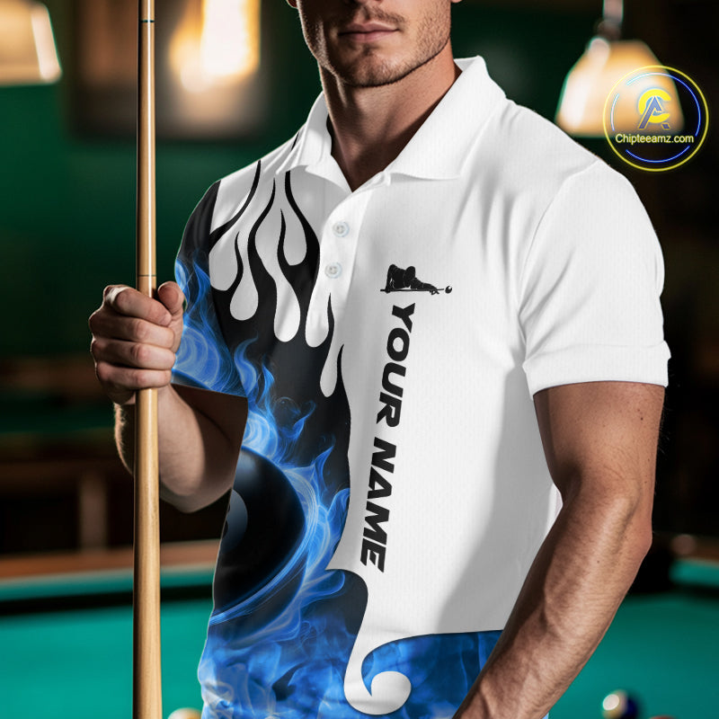 Personalized Blue 8 Ball Fire Flame Men's Billiard Shirt Custom Pool Team Jersey Polo & 1/4 Zip TDM5230