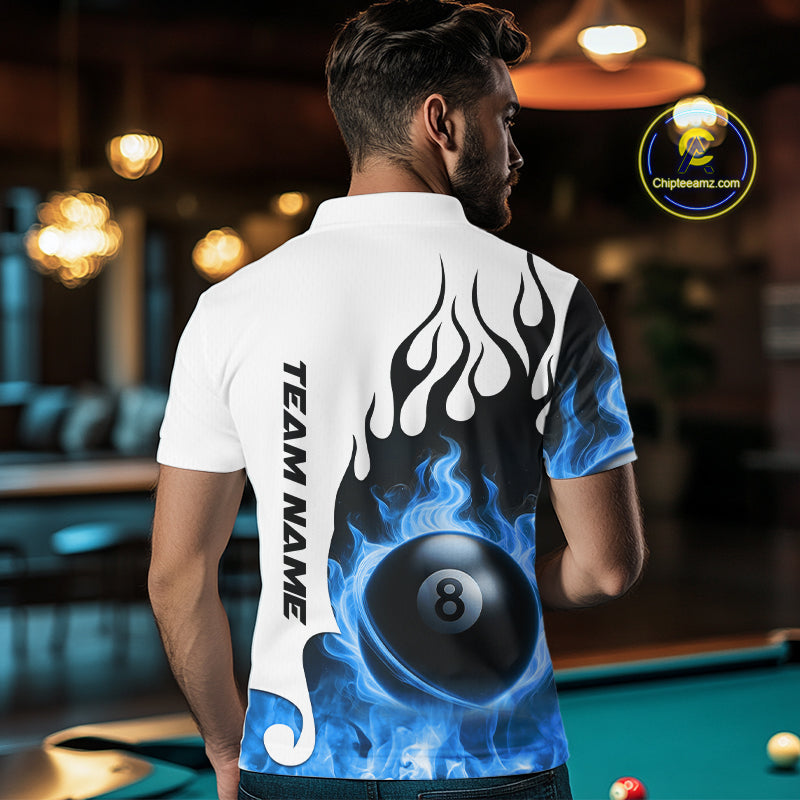 Personalized Blue 8 Ball Fire Flame Men's Billiard Shirt Custom Pool Team Jersey Polo & 1/4 Zip TDM5230