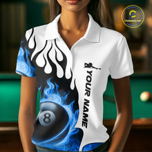 Load image into Gallery viewer, Personalized Blue 8 Ball Fire Flame Women&#39;s Billiard Shirt Custom Pool Team Jersey Polo &amp; 1/4 Zip TDM5230