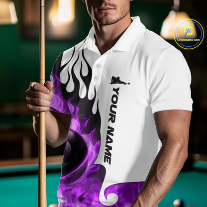 Personalized Purple 8 Ball Fire Flame Men's Billiard Shirt Custom Pool Team Jersey Polo & 1/4 Zip TDM5231