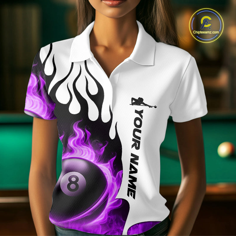 Personalized Purple 8 Ball Fire Flame Women's Billiard Shirt Custom Pool Team Jersey Polo & 1/4 Zip TDM5231