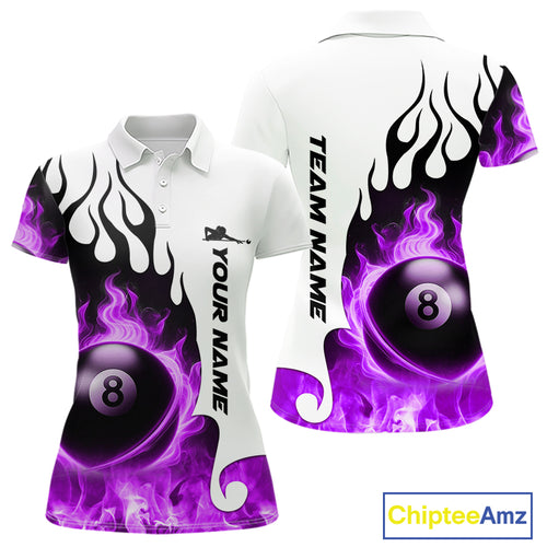 Personalized Purple 8 Ball Fire Flame Women's Billiard Shirt Custom Pool Team Jersey Polo & 1/4 Zip TDM5231