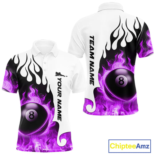 Personalized Purple 8 Ball Fire Flame Men's Billiard Shirt Custom Pool Team Jersey Polo & 1/4 Zip TDM5231