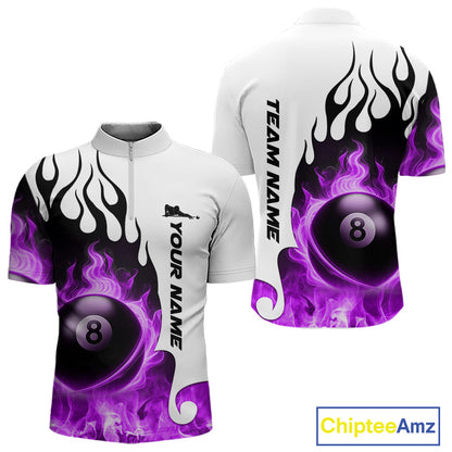 Personalized Purple 8 Ball Fire Flame Men's Billiard Shirt Custom Pool Team Jersey Polo & 1/4 Zip TDM5231