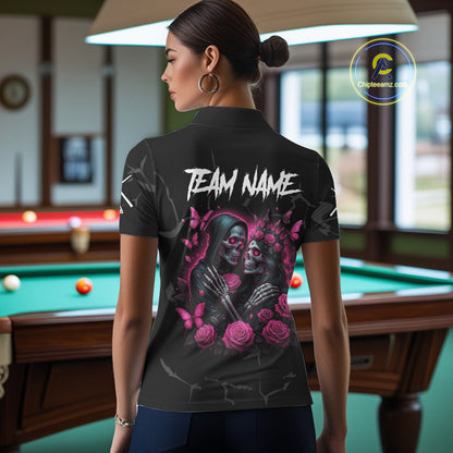 Personalized Pink 8 Ball Skull Roses Billiard Shirt For Women Custom Valentine Billiard Gifts TDM5750