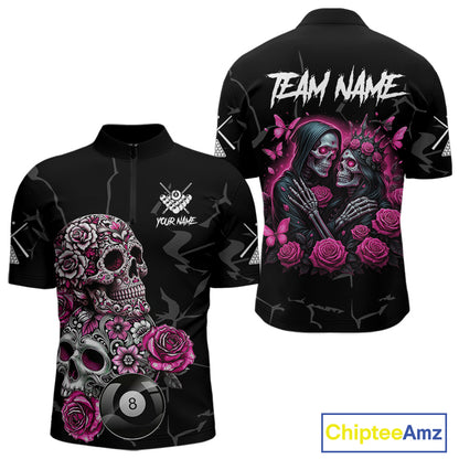 Personalized Pink 8 Ball Skull Roses Billiard Shirt For Men Custom Valentine Billiard Gifts TDM5750