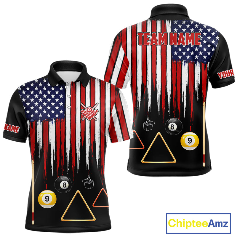 American Flag Billiard Shirt For Men Custom Patriotic Pool Team Jersey Polo & 1/4 Zip |Black TDM5752