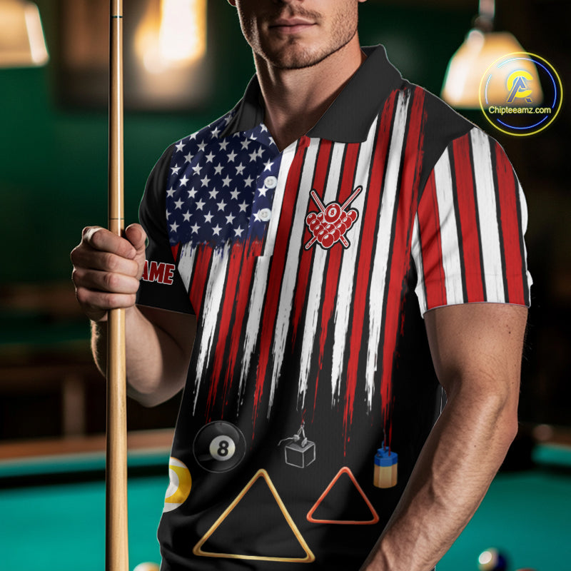 American Flag Billiard Shirt For Men Custom Patriotic Pool Team Jersey Polo & 1/4 Zip |Black TDM5752