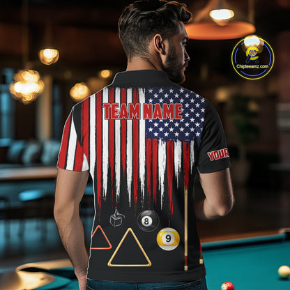 American Flag Billiard Shirt For Men Custom Patriotic Pool Team Jersey Polo & 1/4 Zip |Black TDM5752