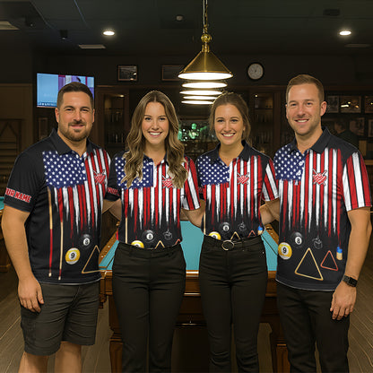 American Flag Billiard Shirt For Men Custom Patriotic Pool Team Jersey Polo & 1/4 Zip |Black TDM5752