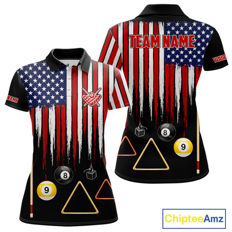 American Flag Billiard Shirt For Women Custom Patriotic Pool Team Jersey Polo & 1/4 Zip |Black TDM5752