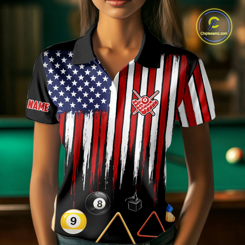 American Flag Billiard Shirt For Women Custom Patriotic Pool Team Jersey Polo & 1/4 Zip |Black TDM5752