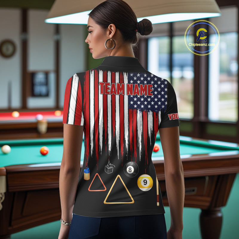 American Flag Billiard Shirt For Women Custom Patriotic Pool Team Jersey Polo & 1/4 Zip |Black TDM5752
