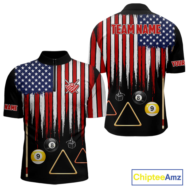 American Flag Billiard Shirt For Men Custom Patriotic Pool Team Jersey Polo & 1/4 Zip |Black TDM5752