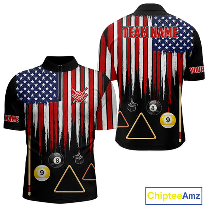 American Flag Billiard Shirt For Men Custom Patriotic Pool Team Jersey Polo & 1/4 Zip |Black TDM5752