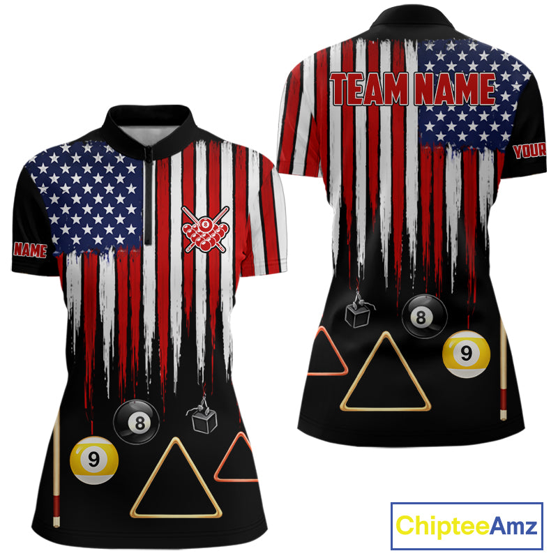 American Flag Billiard Shirt For Women Custom Patriotic Pool Team Jersey Polo & 1/4 Zip |Black TDM5752
